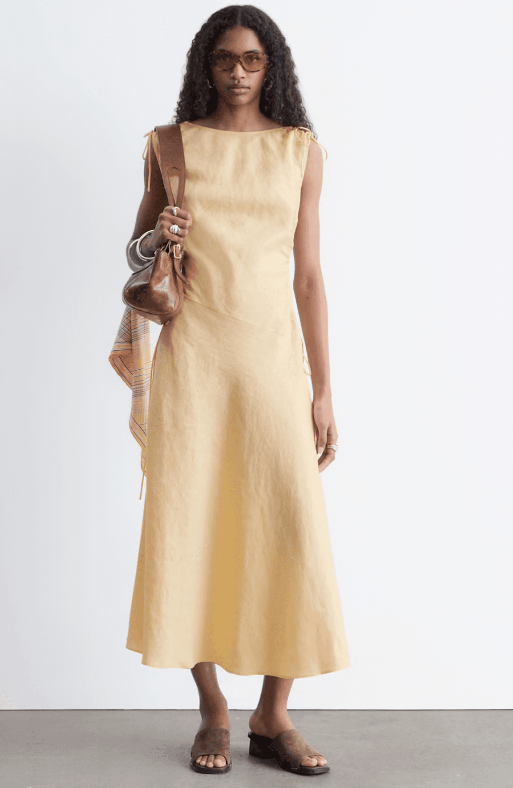 & Other Stories Asymmetric Linen Midi Dress - Light Yellow