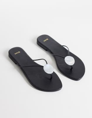 Mango Flat Leather Sandals with Pearls - Black