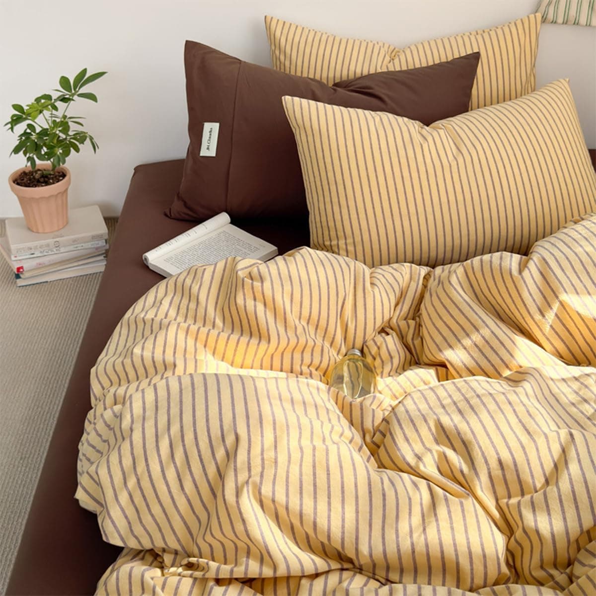 Sedefen Reversible Bed Linen Set 200x200 (Brown/Yellow Striped)